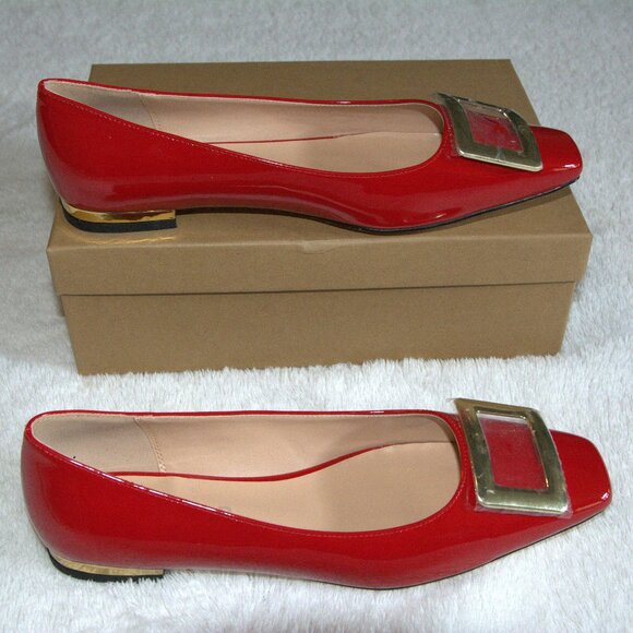 Tanaoen Shoes Tanaoen Womens Square Oe Gold Metal Buckle Pumps